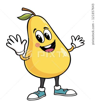 Funny pear. Groovy retro cartoon style. Vector isolated illustration 121857643