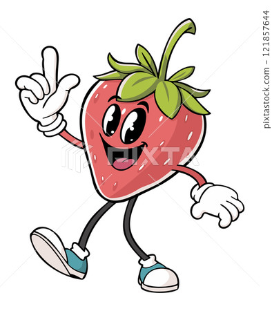 Groovy strawberry. Retro cartoon style. Vector isolated illustration 121857644