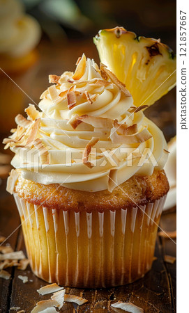 Close-up of a coconut cupcake with pineapple cream cheese frosting 121857667