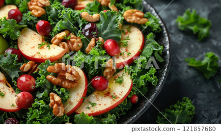 Vibrant kale apple salad with walnuts, dried cranberries, and lemon-olive oil dressing 121857680