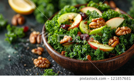 Vibrant kale apple salad with walnuts, dried cranberries, and lemon-olive oil dressing 121857681