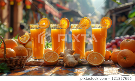 Farmers market table with orange carrot ginger juice, garnished with orange peel twist and ginger Farmers market table with orange carrot ginger juice, garnished with orange peel twist and ginger 121857695