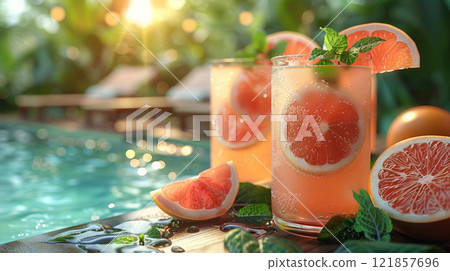 Poolside table with grapefruit mint juice, garnished with mint leaves and grapefruit slices 121857696