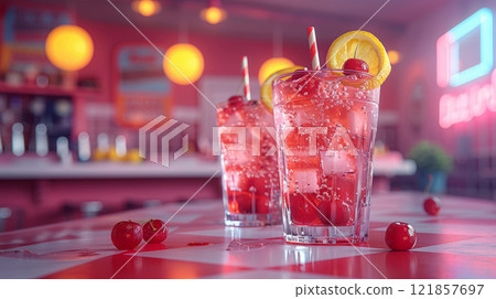 Retro diner counter with cherry cola in vintage glasses, garnished with lemon twists 121857697