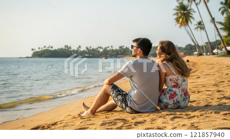 Happy Romantic Middle Aged Couple Enjoying Beautiful Sunset Travel  121857940