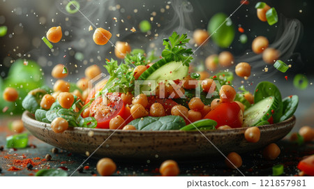 Levitating Chickpea with Spinach, Parsley, Cucumber, Tomato, and Green Onion Against a Soft Background 121857981
