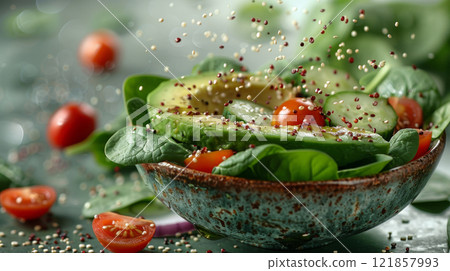 Levitating Avocado Slice with Quinoa Cluster, Spinach Leaf, Cherry Tomato Half, Cucumber Slice, and Red Onion Ring Against a Soft Background 121857993