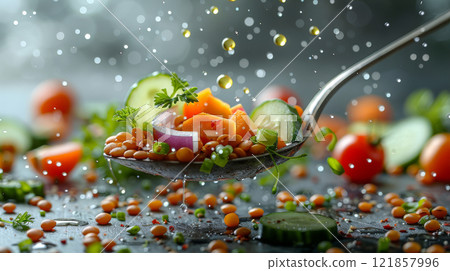 Levitating Spoonful of Lentils with Carrot Slice, Diced Cucumber, Cherry Tomato Half, Red Onion Slice, and Chopped Green Onion, Drizzled with Lemon Juice and Olive Oil 121857996