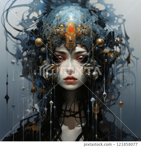 Abstract futuristic portrait of a beautiful young girl with planets 121858077