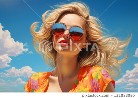 Portrait of a beautiful young blonde girl wearing sunglasses, illustration 121858080