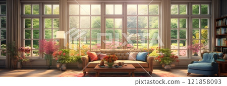 Living room with large French windows overlooking the garden, summer time, cozy living room in pastel colors, banner 121858093