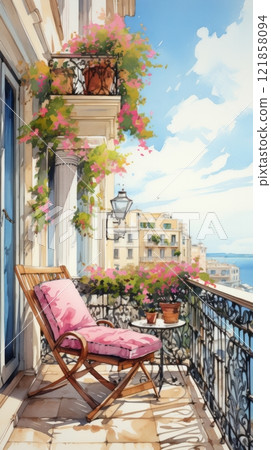 Hobby and leisure, watercolor illustration of a beautiful balcony or terrace decorated with various potted flowers 121858094