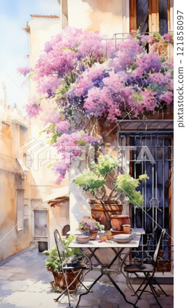 Hobby and leisure, watercolor illustration of a beautiful balcony or terrace decorated with various potted flowers 121858097