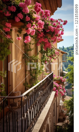 Hobby and recreation, beautiful balcony or terrace decorated with various flowers in pots Hobby and recreation, beautiful balcony or terrace decorated with various flowers in pots 121858099