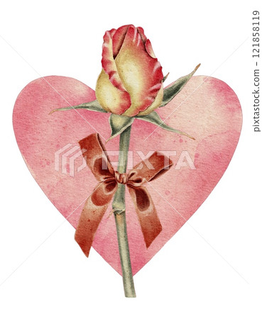 Yellow and pink rose with red bow and big pink heart composition card. Watercolor illustration for cards, invitations, holidays Spring, birthday, Valentine's Day, wedding or Mother's Day. 121858119