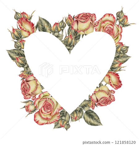 Yellow and pink roses and buds and green leaves heart shaped frame on white. Watercolor illustration for cards, invitations, holidays Spring, birthday, Valentine's Day, wedding or Mother's Day. Yellow and pink roses and buds and green leaves heart shaped frame on white. Watercolor illustration for cards, invitations, holidays Spring, birthday, Valentine's Day, wedding or Mother's Day. 121858120