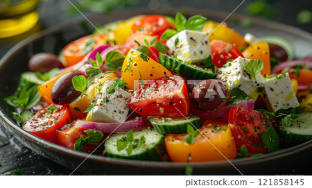 Vibrant Greek Salad with Cucumbers, Tomatoes, Red Onion, Kalamata Olives, Feta, Oregano, Olive Oil, and Red Wine Vinegar Vibrant Greek Salad with Cucumbers, Tomatoes, Red Onion, Kalamata Olives, Feta, Oregano, Olive Oil, and Red Wine Vinegar 121858145