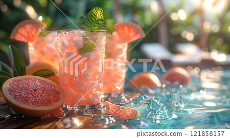 Poolside Table with Grapefruit Mint Juice, Garnished with Mint Leaves and Grapefruit Slices 121858157