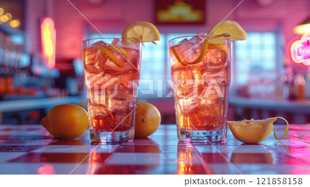 Retro Diner Counter with Cherry Cola in Vintage Glasses, Garnished with Lemon Twists 121858158