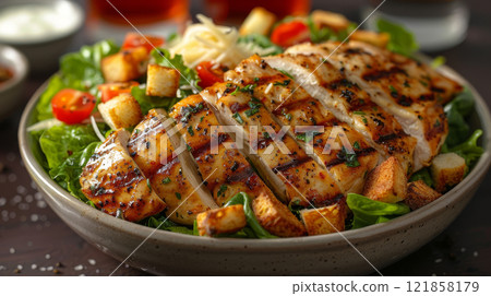 Caesar Salad with Crispy Romaine, Grilled Chicken, Parmesan, Homemade Croutons, and Yogurt-Based Dressing Caesar Salad with Crispy Romaine, Grilled Chicken, Parmesan, Homemade Croutons, and Yogurt-Based Dressing 121858179