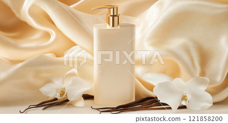 A mockup of an elegant shampoo bottle, placed on top of delicate vanilla flowers, vanilla and soft fabric 121858200