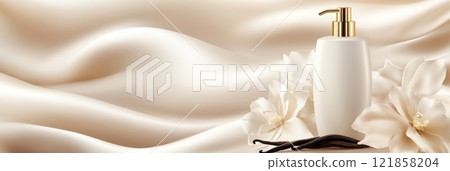 A mockup of an elegant shampoo bottle, placed on top of delicate vanilla flowers, vanilla and soft fabric 121858204