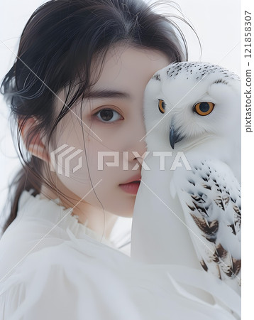 Portrait of an Asian woman with an owl 121858307