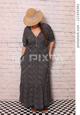 Woman Wearing Baggy Summer Full Length Dress Woman Wearing Baggy Summer Full Length Dress 121858362