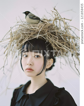 Fashion portrait of an Asian woman with a bird's nest on her head 121858435
