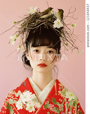 頭上戴燕窩的亞洲女人的時尚肖像 頭上戴燕窩的亞洲女人的時尚肖像 121858437