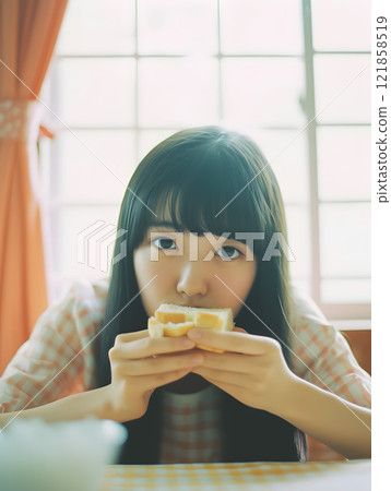 Asian woman eating bread 121858519