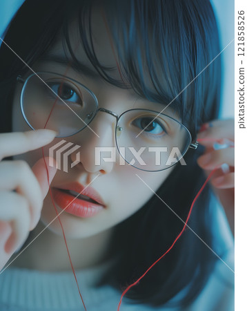 Asian woman pulling on the red thread of fate Asian woman pulling on the red thread of fate 121858526