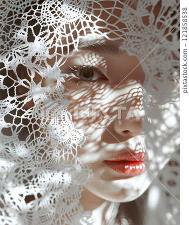 Asian woman reflected in the shadows of lace 121858538