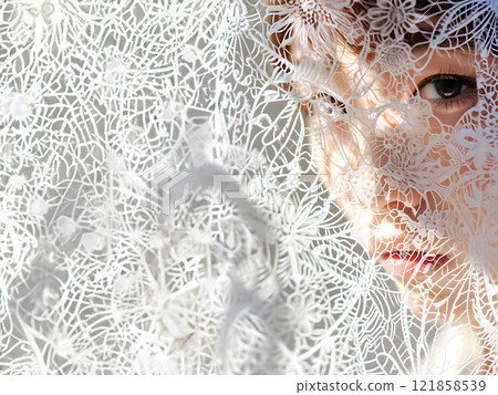 Asian woman reflected in the shadows of lace Asian woman reflected in the shadows of lace 121858539