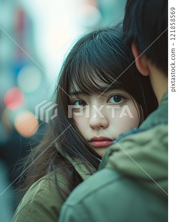 Asian woman looking over man's shoulder as they close the heart-to-heart distance 121858569