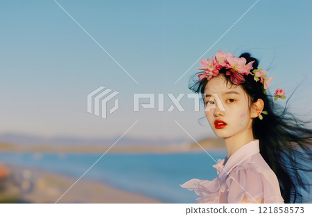 戴著花冠的亞洲女性肖像 121858573