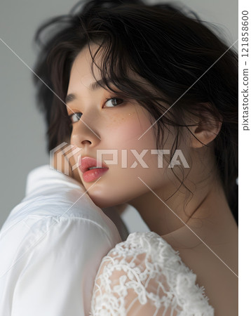 亞洲女人看著男人的肩膀 亞洲女人看著男人的肩膀 121858600