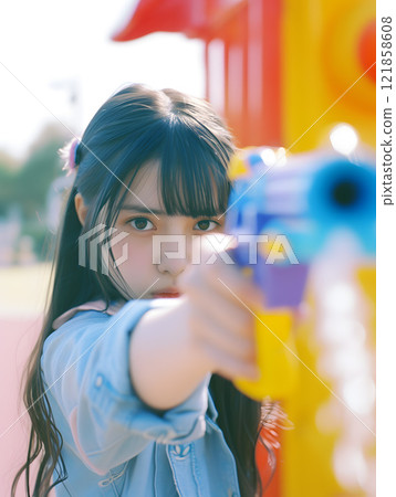 Asian woman playing with a water gun Asian woman playing with a water gun 121858608