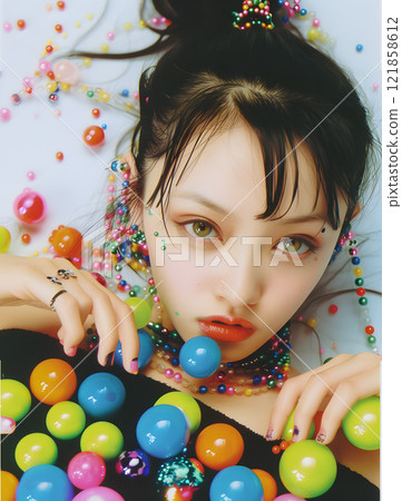 Asian woman with colorful balls Asian woman with colorful balls 121858612