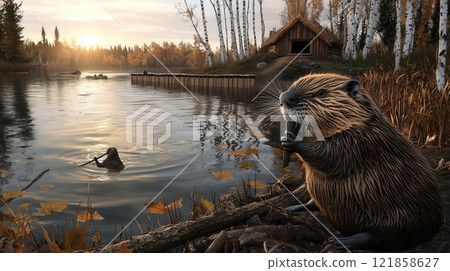 Hardworking Canadian Beaver Chewing Branch by Sunset Lodge Serene River Scene with Birch Trees and Autumn Leaves 121858627