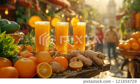 A holiday table features glasses of cranberry orange juice garnished with orange peel and cranberries 121858729