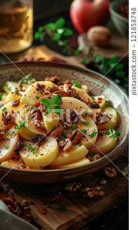 Apple and celery salad with walnuts, raisins, lemon juice, and Greek yogurt Apple and celery salad with walnuts, raisins, lemon juice, and Greek yogurt 121858748