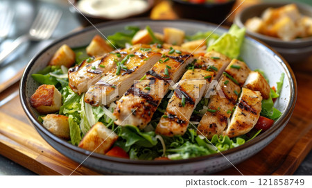 Caesar salad with romaine, grilled chicken, Parmesan, croutons, and yogurt-based dressing 121858749