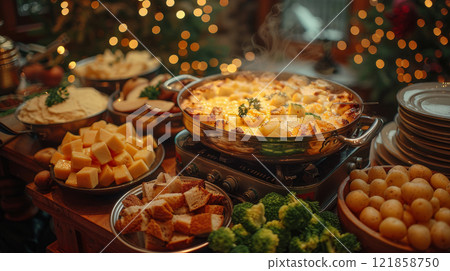 Fondue set with Gruere and Emmental cheese, bread cubes, steamed broccoli, and baby potatoes 121858750