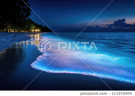 flashing waves on a tropical ocean beach before dawn 121858909
