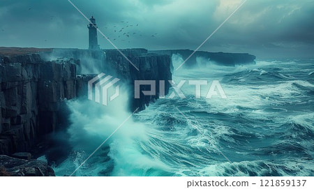 Dramatic coastal landscape with crashing waves and lighthouse during stormy weather at dusk near rocky cliffs 121859137