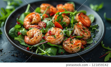 Grilled shrimp salad with fresh greens and cherry tomatoes on a dark table setting 121859142