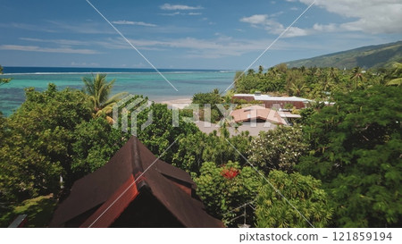 Low angle aerial flight over houses roofs, green lush palm trees on white sand beach. Crystal clear turquoise waters under blue sky. Vibrant beauty of Tahiti tropical island, idyllic French Polynesia Low angle aerial flight over houses roofs, green lush palm trees on white sand beach. Crystal clear turquoise waters under blue sky. Vibrant beauty of Tahiti tropical island, idyllic French Polynesia 121859194