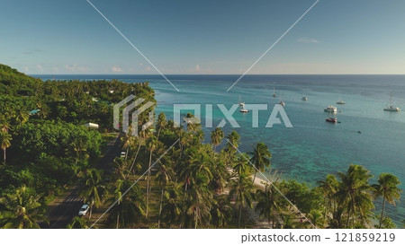 Aerial view tropical island road in palm trees. Drone fly over coastline beach and vibrant turquoise ocean, sailboats under bright, clear sky. Popular tourist destination, exotic summer travel 121859219