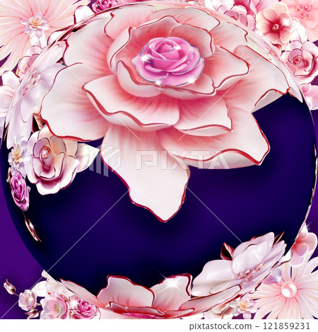 Illustration of a floral background with a rose in a round frame Illustration of a floral background with a rose in a round frame 121859231